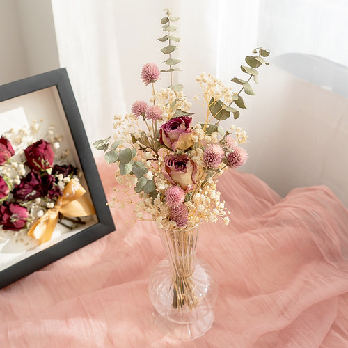 满天星尤加利玫瑰干花装饰摆件