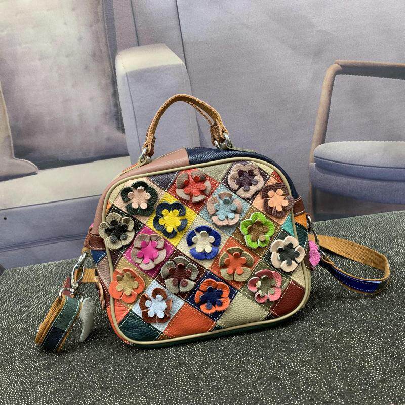 熙熙狸上新品真皮女包原创头层牛皮彩色女手提单肩潮小圆包拼接色