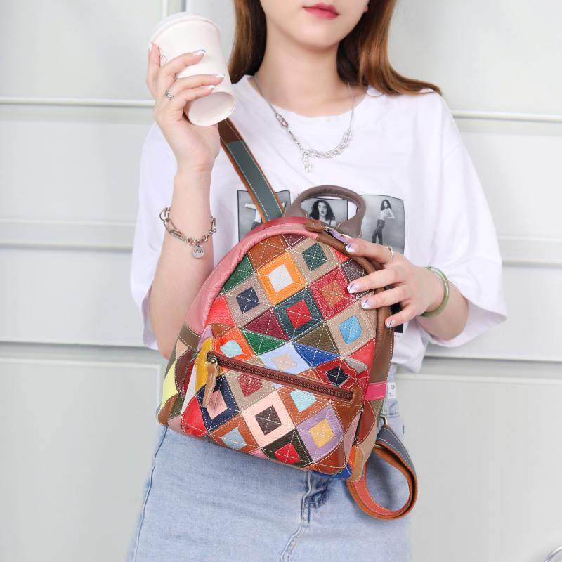 熙熙狸真皮双肩包韩版百搭时尚拼接彩色头层牛皮女旅游双肩背包