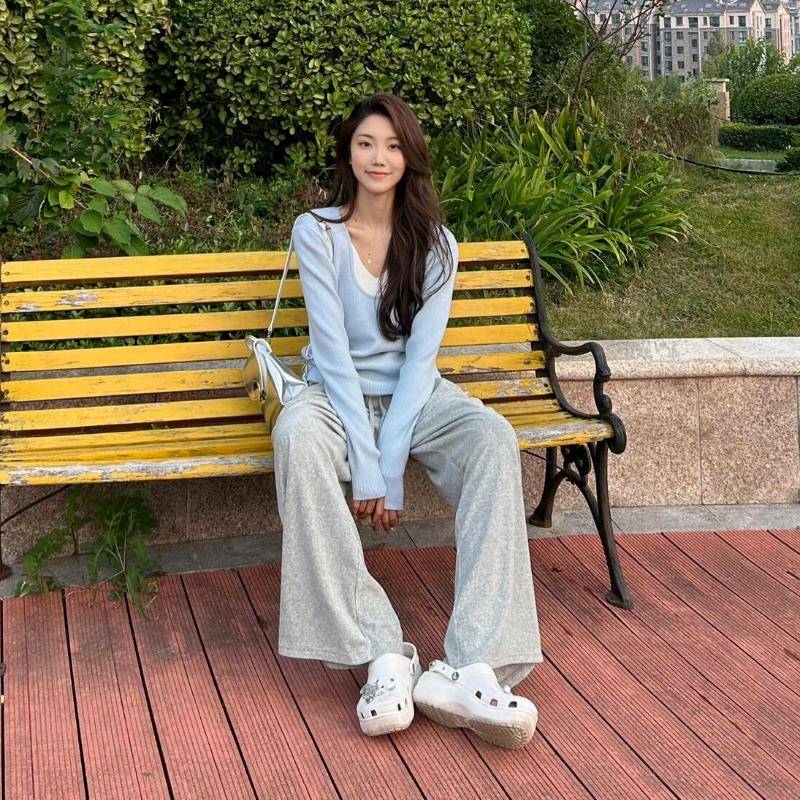 RIERA蓝色u领假两件长袖上衣女夏季薄款宽松显瘦设计感外穿打底针