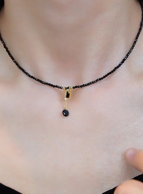 新款黑水晶几何方形吊坠项链