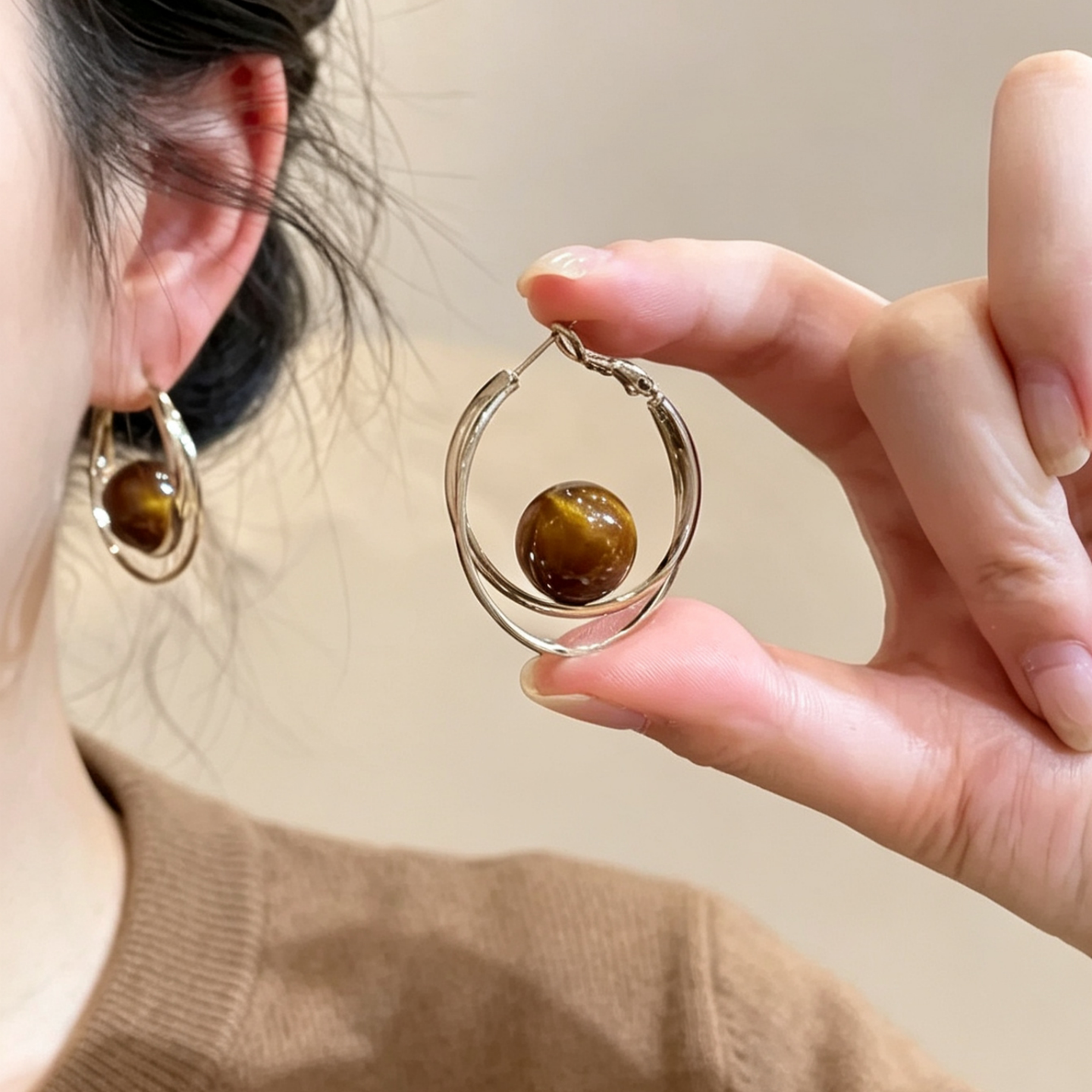 轻奢复古风咖金色双环珠珠耳环女高级感精致时尚百搭气质圆圈耳饰