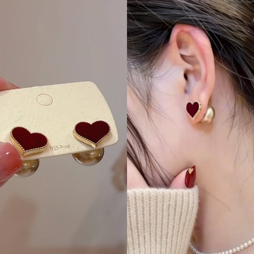 法式复古红色爱心一款两戴耳环