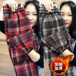 柔软奶奶裤 韩版 加厚格子裤 女高腰宽松束脚灯笼裤 加绒显瘦阔腿裤