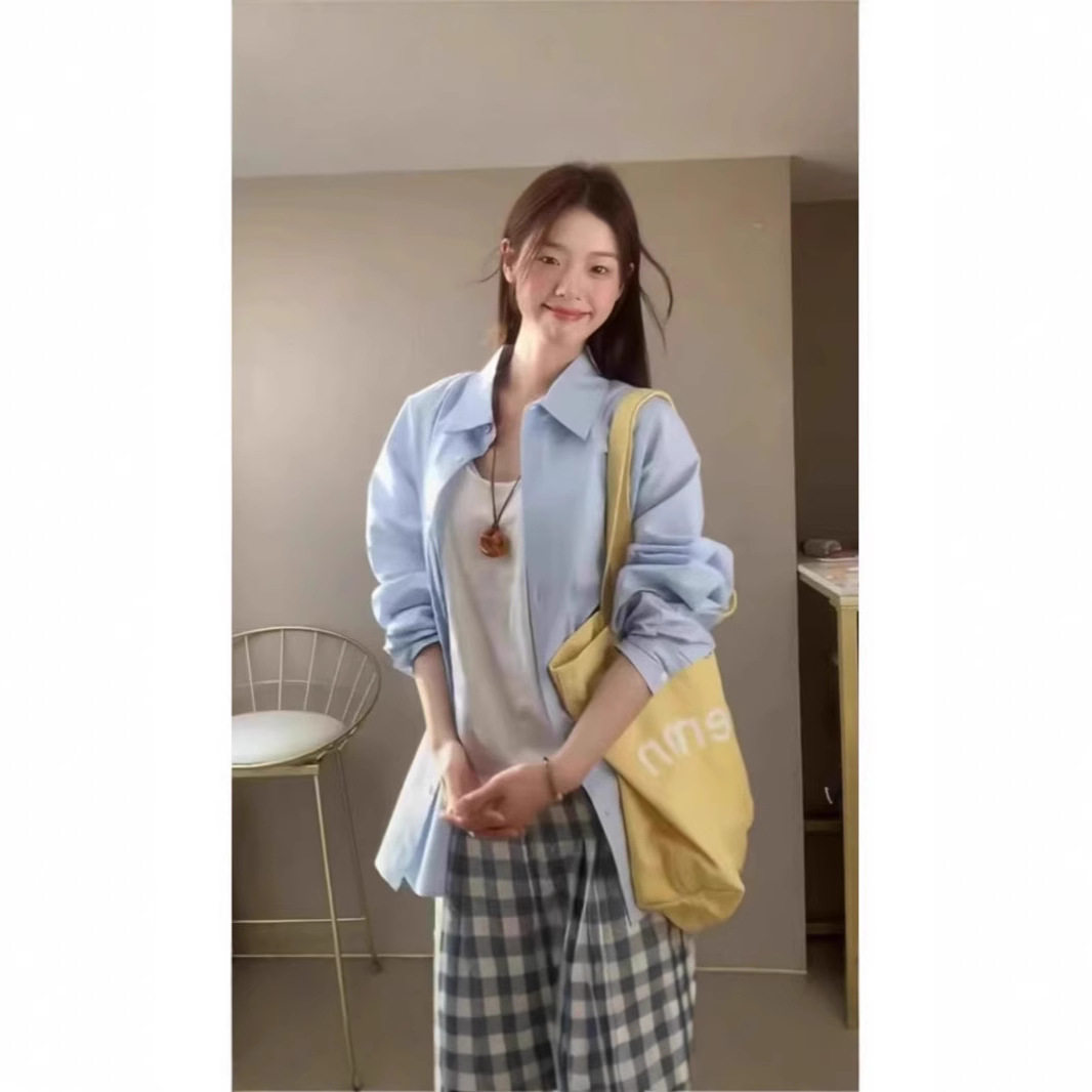 纯棉蓝色长袖衬衫女上衣夏季宽松慵懒风宽松休闲防晒衬衣外套薄款