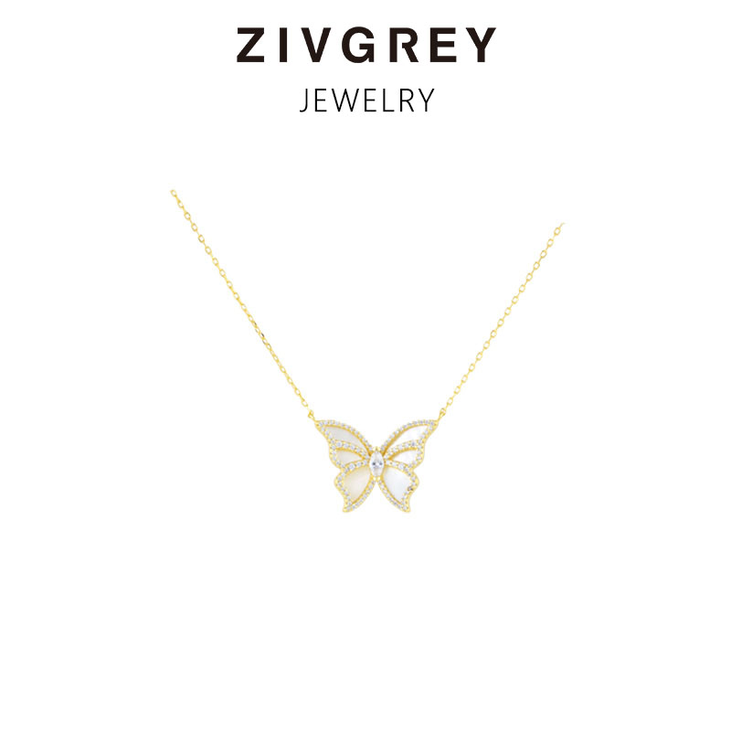 ZIVGREY镶钻白贝母蝴蝶吊坠项链