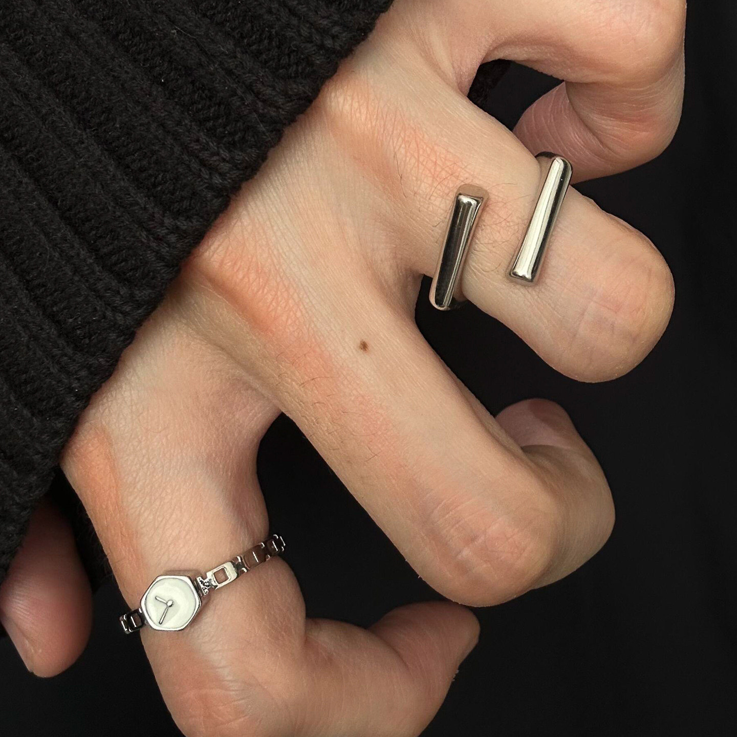 S925纯银反向的钟几何光面戒指女小众设计感冷淡风简约百搭食指戒