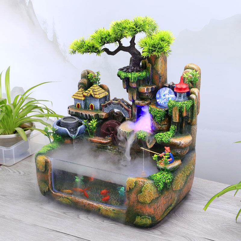 新款假山招财鱼缸造景客厅家用中小型水族箱循环流水桌面创意包邮