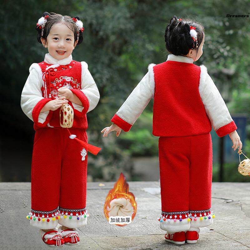 。女童加绒拜年服套装2024冬季中国风新款儿童过年喜庆红色新年衣