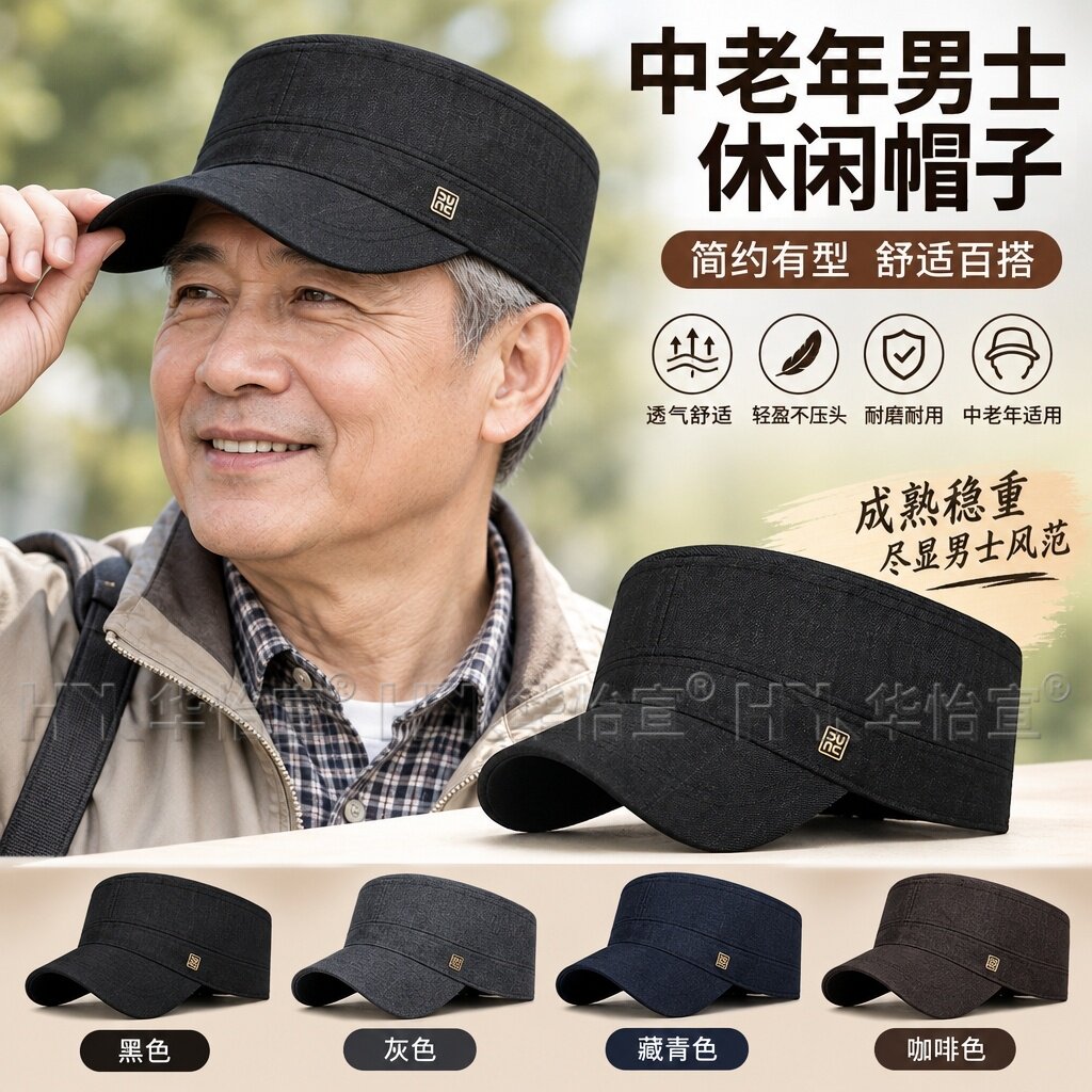 春秋天帽子男士平顶帽薄款透气鸭舌帽中老年人爸爸防风帽爷爷男帽