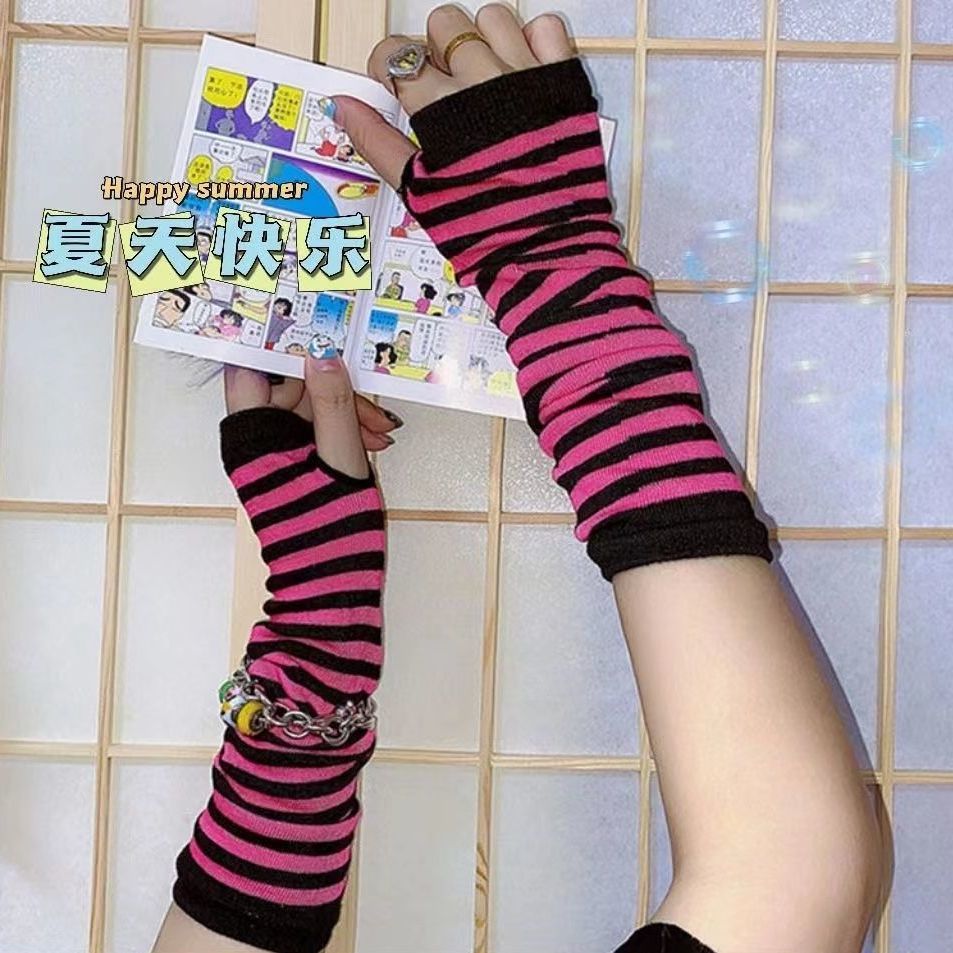 日系原宿Y2K辣妹JK亚比风文化二次元露指彩色条纹INS手套防晒袖套