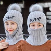 女士冬季 针织月子帽子女百搭保暖加绒防寒骑车护耳秋冬连体毛线帽