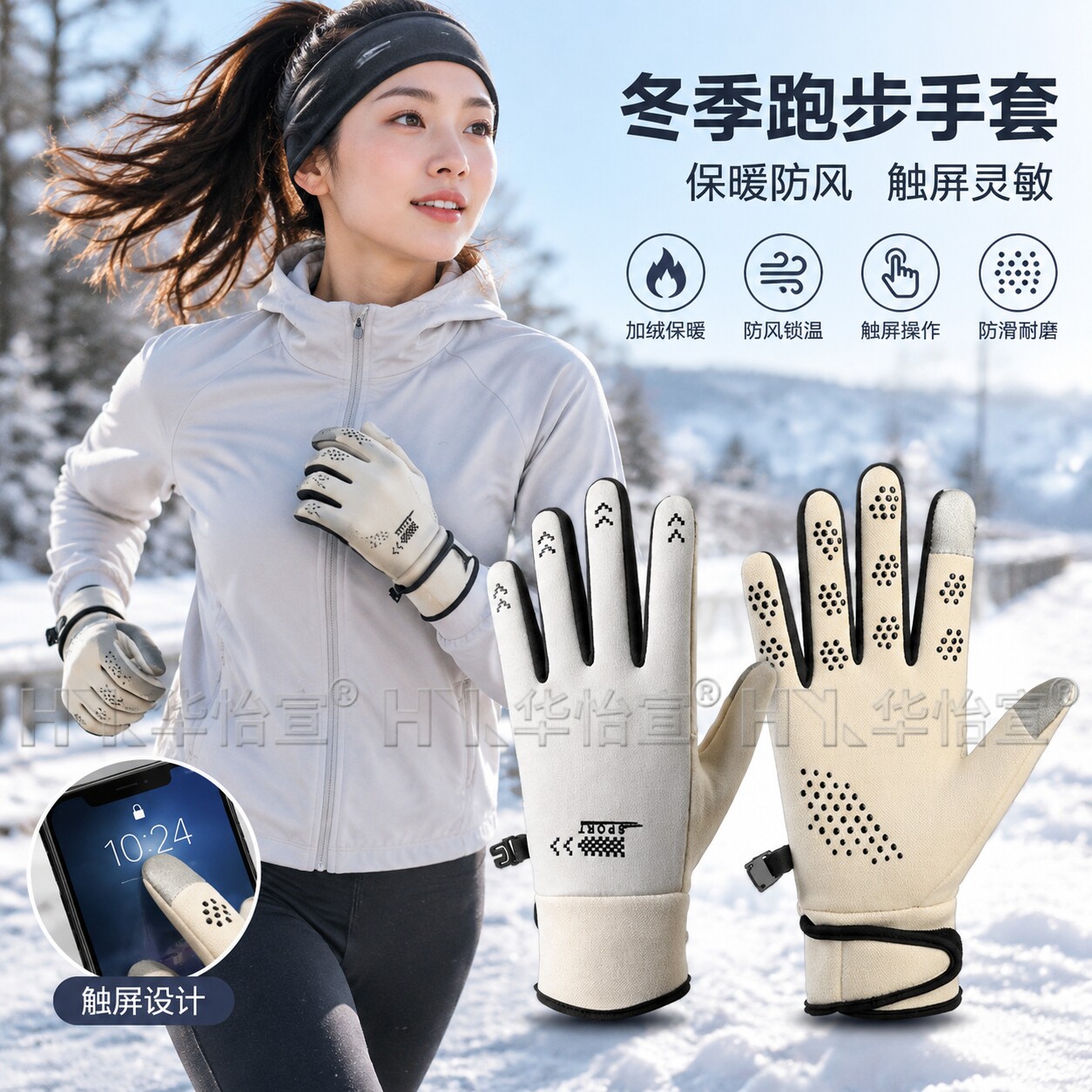 女士跑步手套秋冬季男款户外登山爬山骑行开车防滑保暖触屏加绒女
