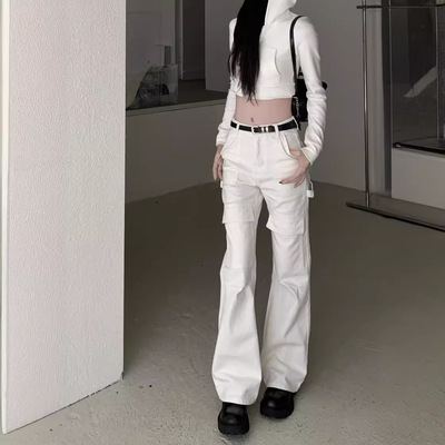 美式白色工装牛仔裤女春季低腰微喇叭直筒阔腿长裤小个子休闲裤子