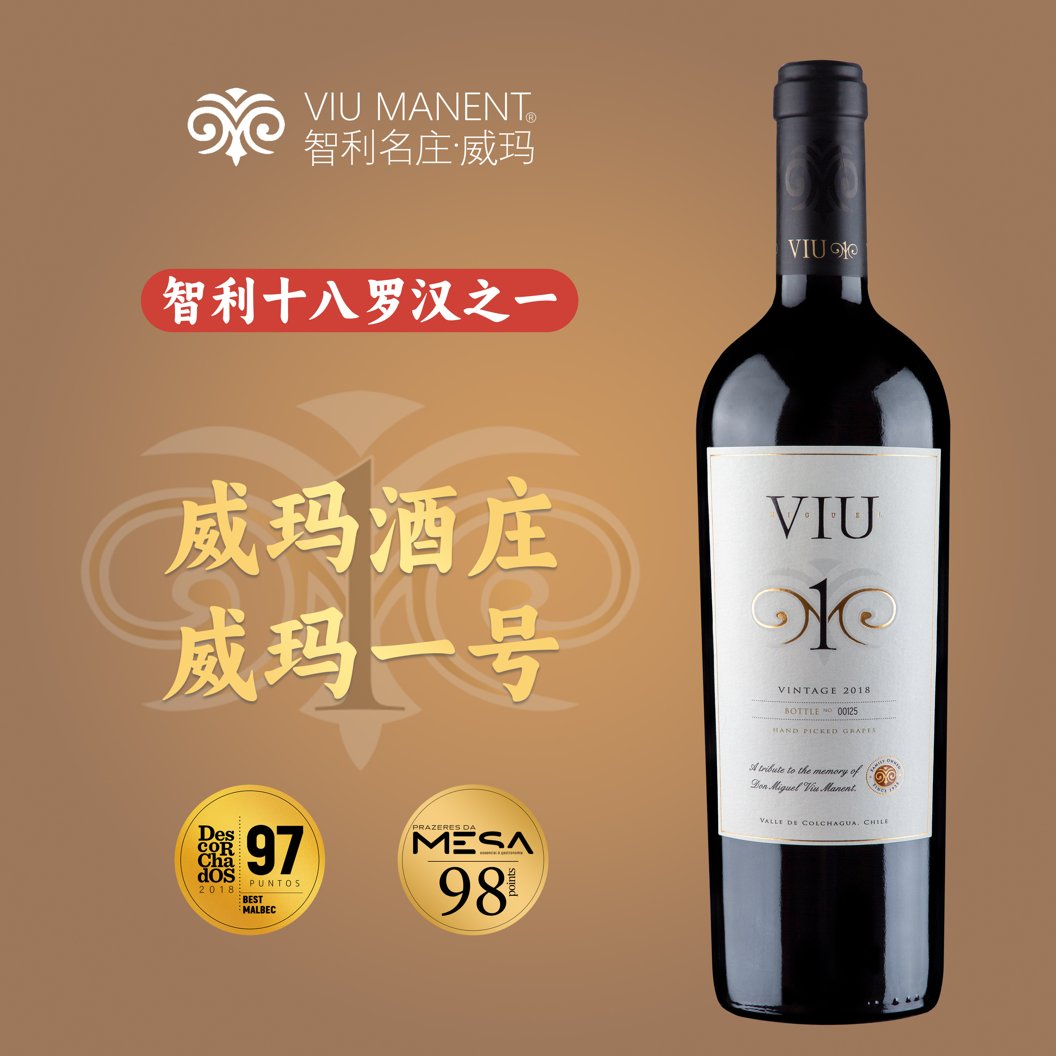 原瓶进口智利十八罗汉威玛一号红酒viu manent马尔贝克干红葡萄酒