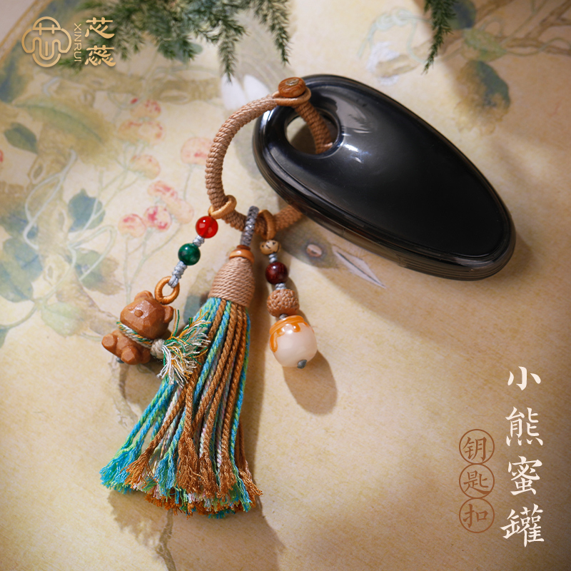 檀木小熊车钥匙扣全手工编织女包包挂饰绳钥匙挂件防丢绳原创新款