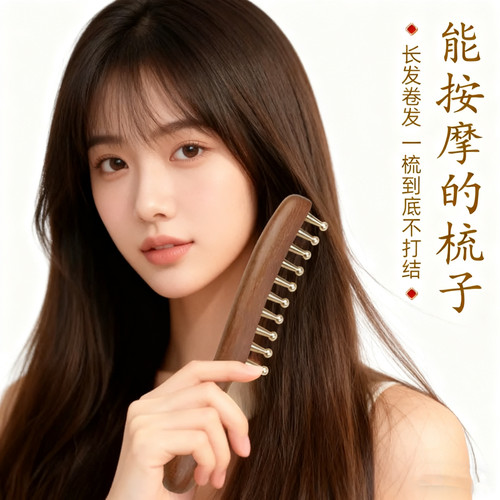 黄铜材质宽齿头皮按摩养生梳子经络疏通