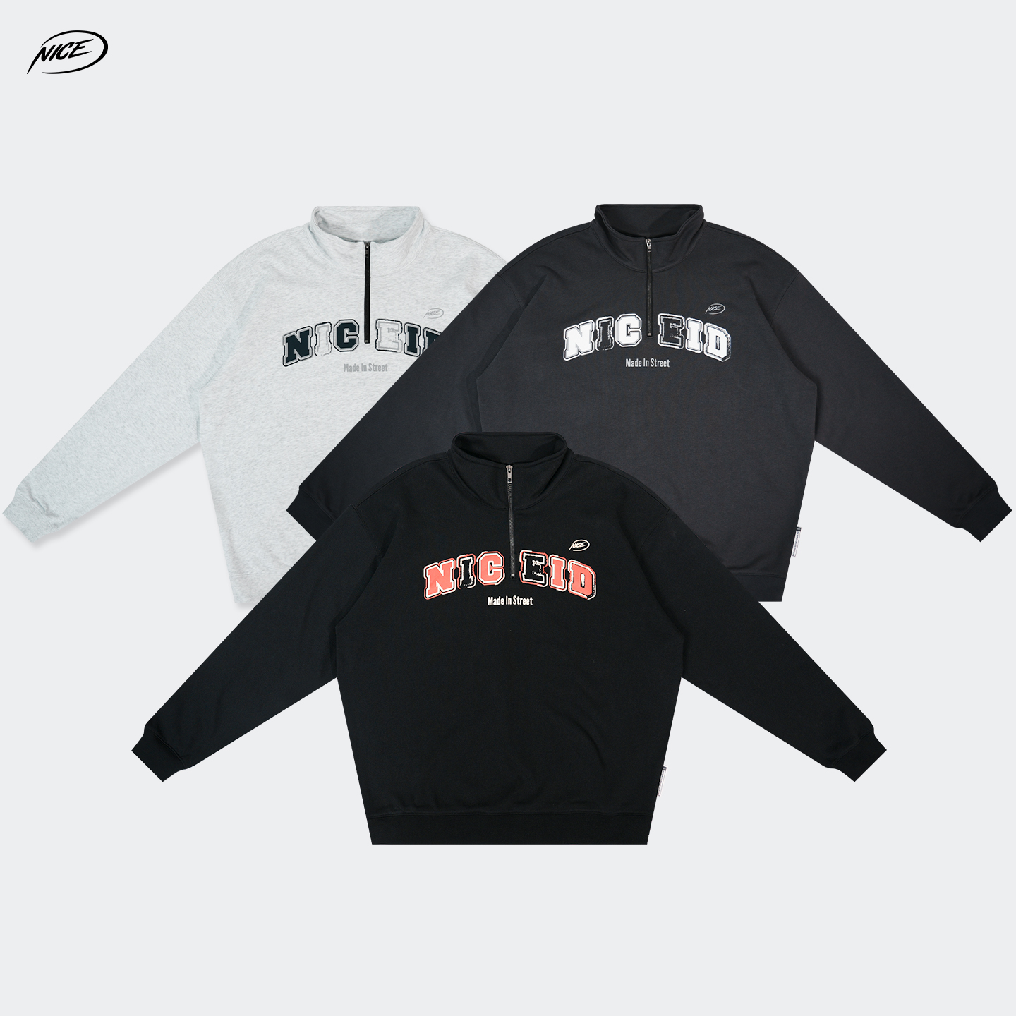 NICEID NICE复古字母运动立领半拉链卫衣毛圈春秋休闲宽松套头