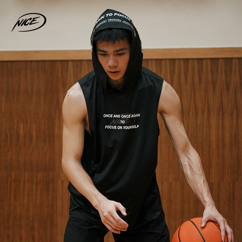NICEID NICE连帽篮球背心投篮服热身训练服透气运动宽松无袖上衣