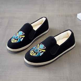 布语堂非遗国粹脸谱刺绣冬季加绒棉布鞋男女同款加厚保暖舒适棉鞋