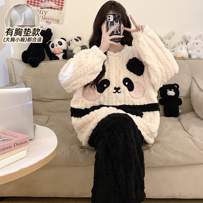 冬季睡衣女款保暖带胸垫加绒加厚