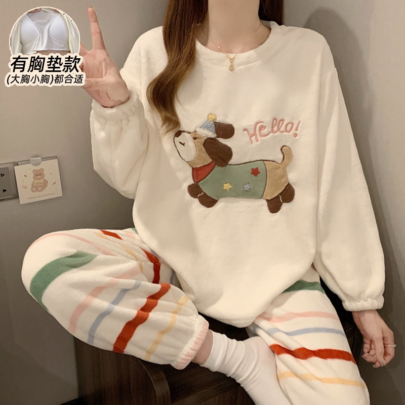 加厚加绒睡衣女款冬季带胸垫卡通