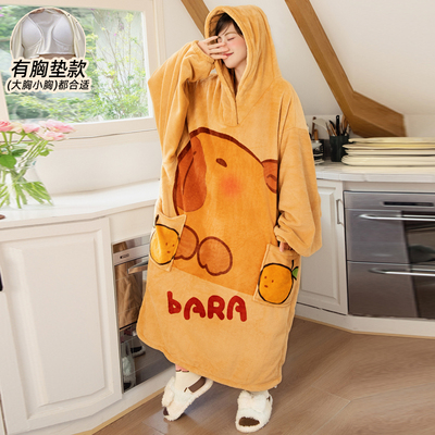睡袍冬加厚女款睡裙带胸垫可外穿