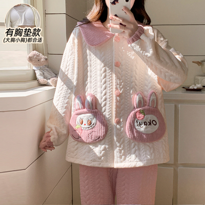 秋冬季睡衣女款空气棉夹层加厚