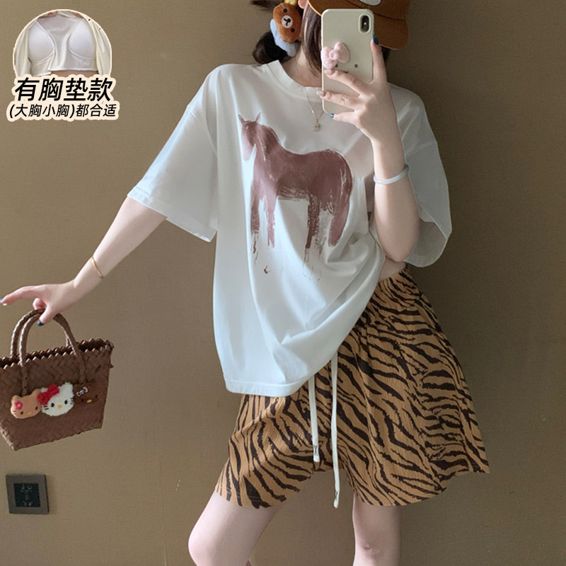 带胸垫睡衣女款夏纯棉短袖加大码可爱卡通网红风薄款套装2026新款