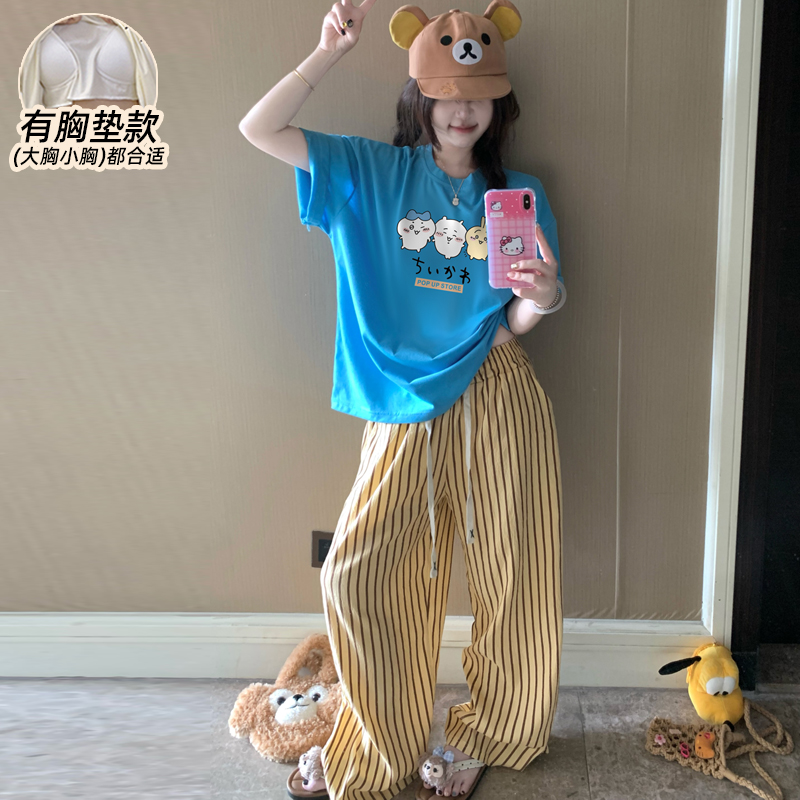 睡衣女款夏纯棉带胸垫短袖可外穿