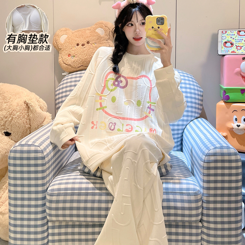 冬季睡衣女款长袖空气棉夹层加厚