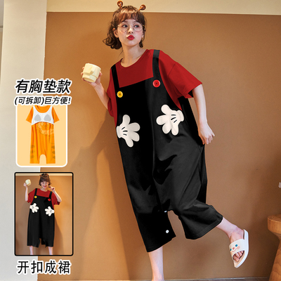 连体睡衣女款夏带胸垫纯棉短袖