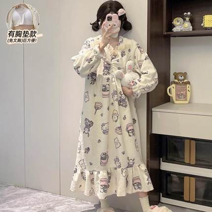KT猫睡裙女冬季珊瑚绒加绒加厚带胸垫家居服孕妇长款保暖2024新款