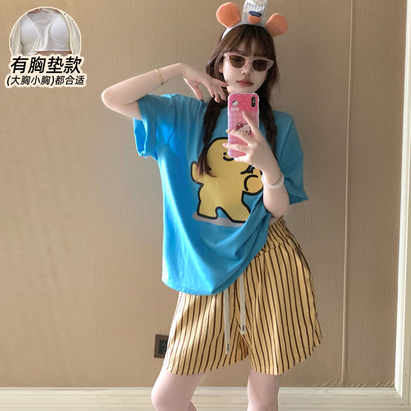 睡衣女款夏带胸垫短袖短裤2026新款纯棉可外穿网红款少女套装薄款