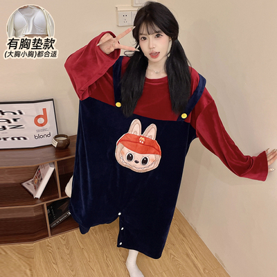 连体睡衣女冬季带胸垫珊瑚绒加厚