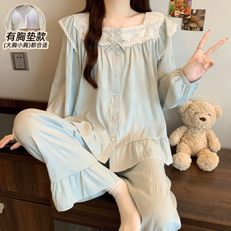睡衣女带胸垫春秋季纯棉2026新款图片