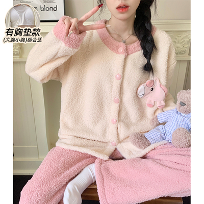 冬季睡衣女款珊瑚绒半边绒可外穿