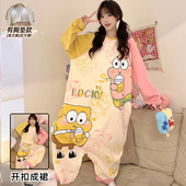 海绵宝宝带胸垫连体睡衣女春秋长袖 2024年秋纯棉孕妇睡衣长款 睡裙