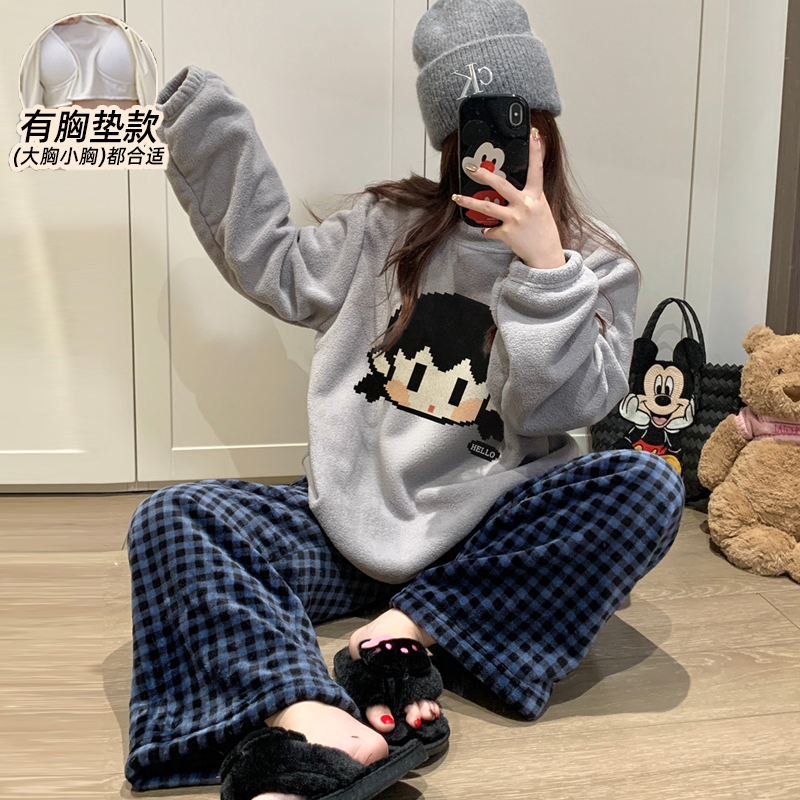 冬季睡衣女款保暖加绒加厚珊瑚绒