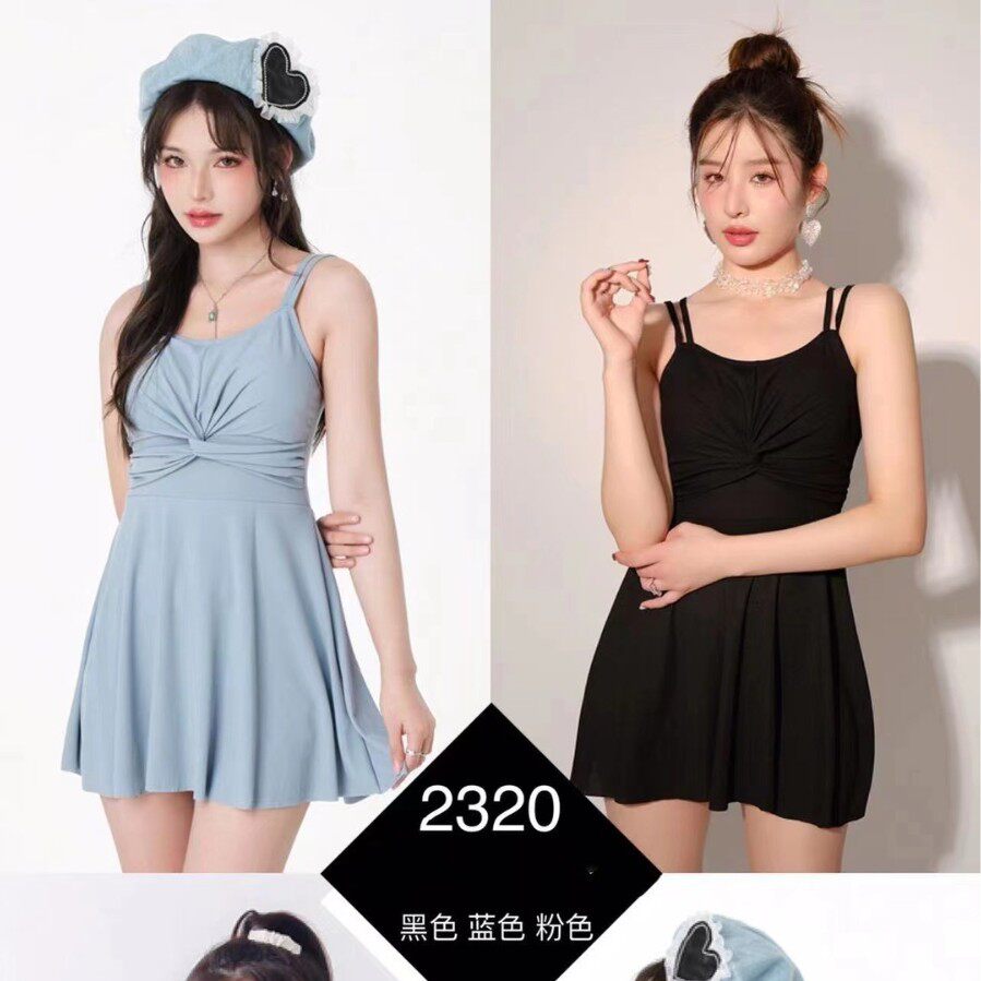 小个子泳衣女泡温泉连体保守显瘦遮肚学生网红风纯色泳装海边