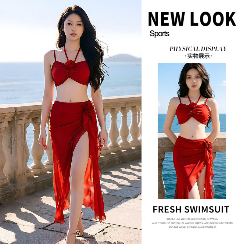 比基尼泳衣女2026新款红色显白三件套性感长裙小胸聚拢泡温泉度假