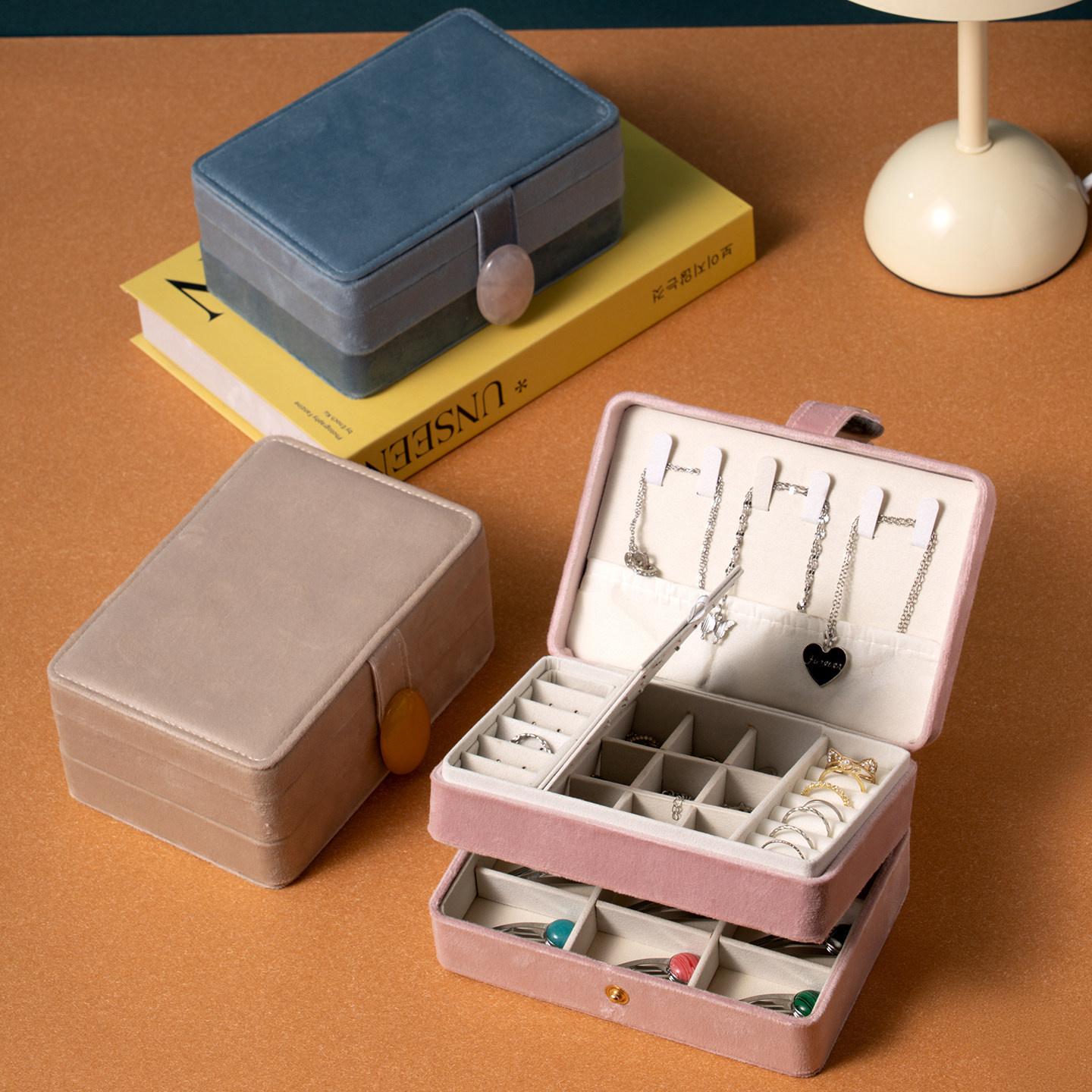 XEMO宝石绒布便携首饰盒收纳盒多层分格耳环戒指项链多功能旅行盒,收纳整理,首饰盒,淘宝优惠券,粉丝福利购,淘宝优惠卷