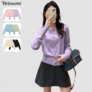 VIVIPUOOWD经典土星刺绣logo针织花边领开衫四季款修身百搭毛衣女