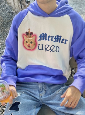 SIF商店新款秋冬插肩袖小猫紫色男女oversize宽松卫衣连帽衫外套