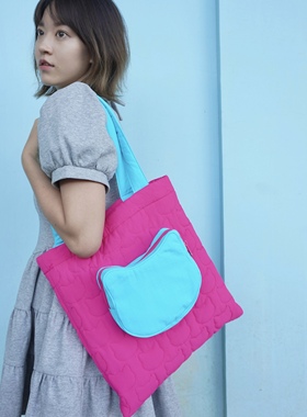 SIF商店秋冬充棉羽绒猫头刺绣绗缝大容量粉紫色电脑托特单肩包