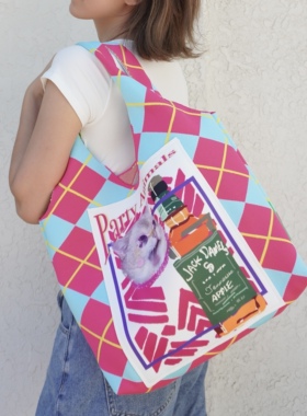 SIF商店新款秋冬针织飞织撞色格子多巴胺可爱单肩腋下手提猫猫包