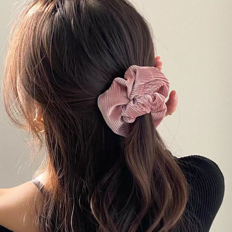 saradear韩国东大门秋冬纯色天鹅绒条绒宽边马尾丸子头发圈头发绳