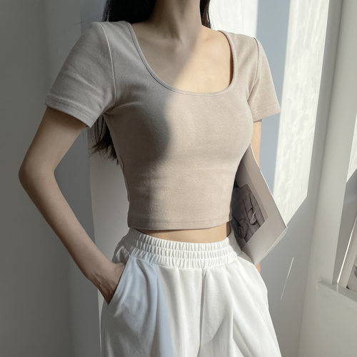 修身短款大领口纯棉短袖锁骨精