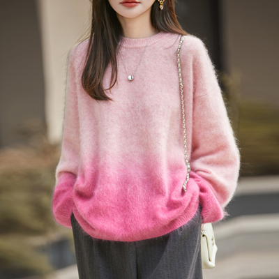 简约风晕染渐变色拉绒羊绒衫女加厚软糯大码毛衣宽松羊毛针织上衣