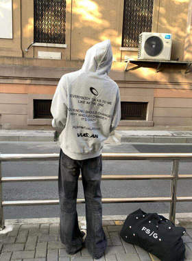 美式痞帅cleanfit高街春字母印花连帽卫衣宽松男重磅外套情侣帽衫